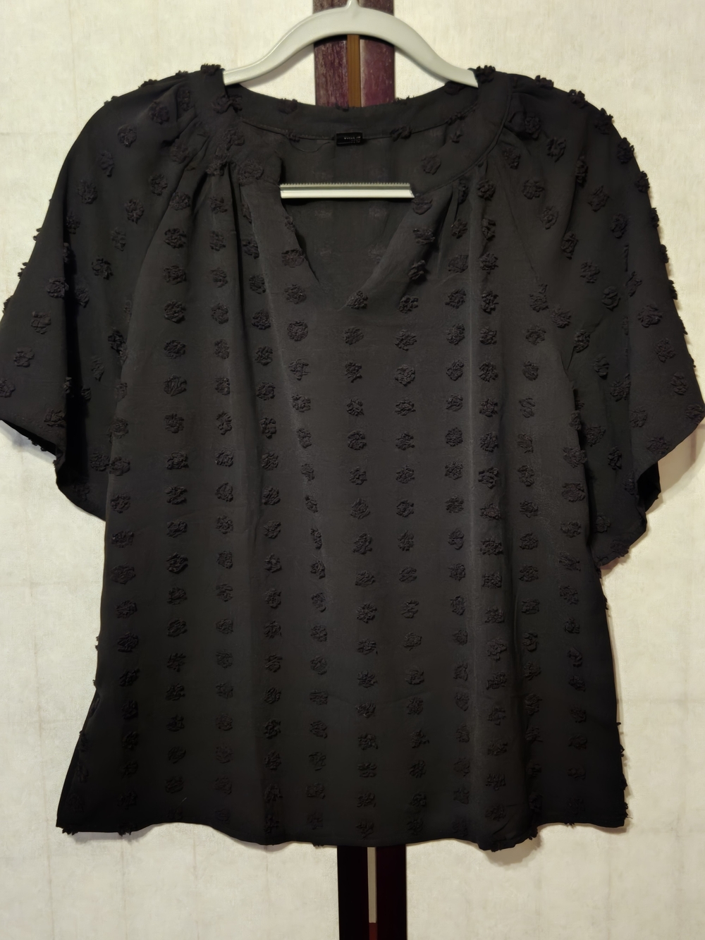 Anrabess Women's Black Textured V-Neck Short Sleeve Top